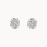 A pair of textured silver stud earrings with a spiral rose design, shown on a plain off-white background.