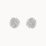 A pair of textured silver stud earrings with a spiral rose design, shown on a plain off-white background.