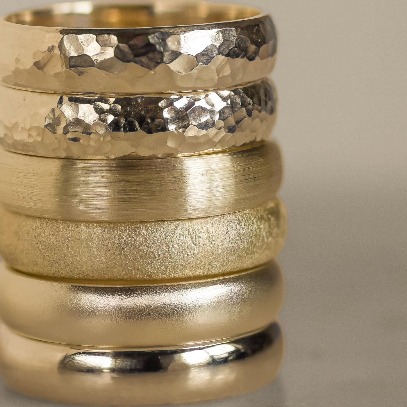 six wedding rings of different textures
