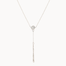 white gold y-shaped lariat necklace with a small round diamond pendant and molten bar detail on a white background