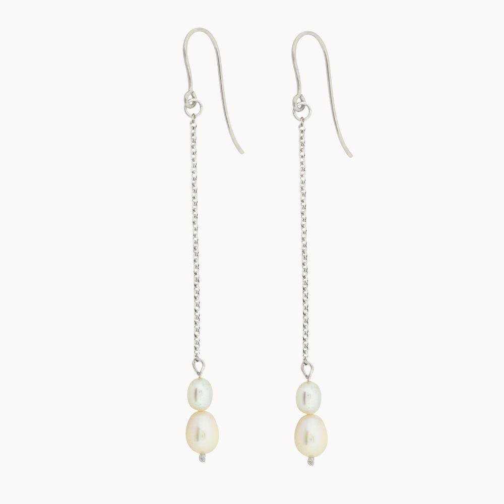 Silver Chain Pearl Drop Hook Earrings